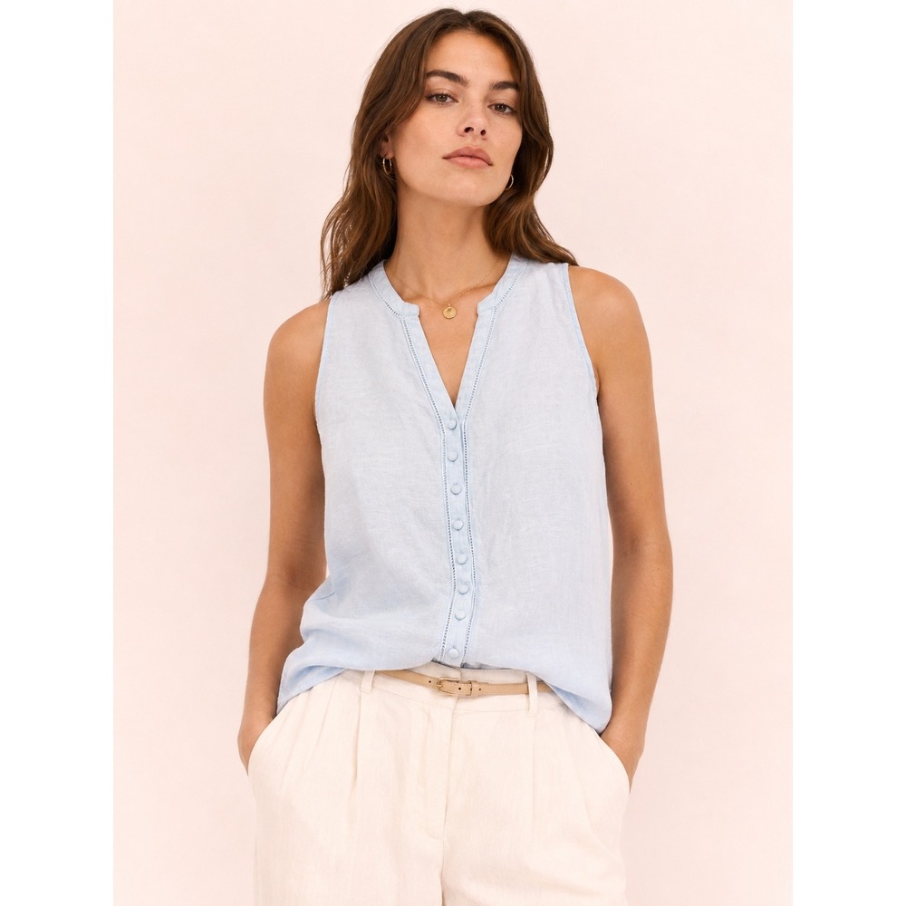 Joie Light Blue 100% Linen Sleeveless V-Neck Button Front Top Small Quiet Luxury